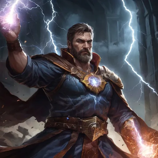 Prompt: (torso) Male stocky large muscular mature sorcerer with short-cut brown hair and beard, engaged in combat casting a lightning spell inside of a dark dungeon, pathfinder, d&d setting, in a realistic high quality digital art style, enhanced shadow quality, wearing colorful robes