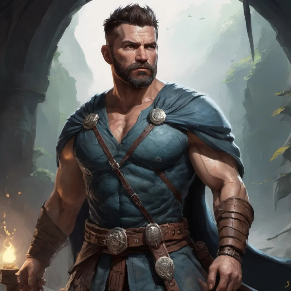 Prompt: (Torso) Male stocky large muscular 41-year old druid with short-cut hair and beard, engaged in combat casting a light-spell inside of a windy dungeon, pathfinder, d&d setting, realistic, enhanced shadow quality, colorful