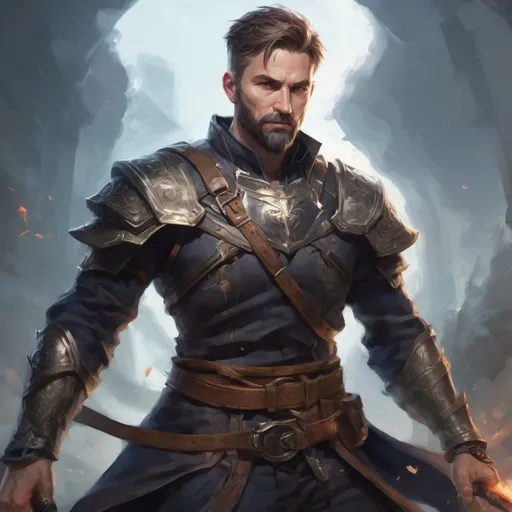 Prompt: (torso) Male heavy-set mature fit magical summoner with short-cut hair and beard, holding fantasy-weapon, in movement, in a windy battlefield, pathfinder, d&d setting, enhanced shadow quality
