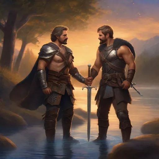 Prompt: (Fullbody) two adult male adventurers manly face one with short brown hair and beard other one with grey hair and mustache, both with no shirt and very hairy chest, backpack armor and swords on the ground, fantasy setting, swirly magic light in the background, touching and each other, by a lake at nighttime, in a painted style, realistic