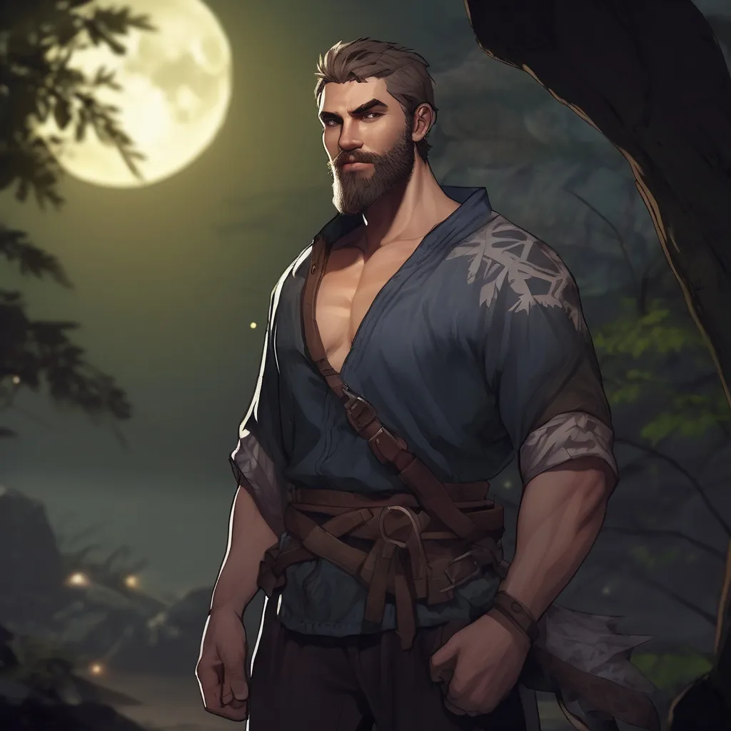 Prompt: (Full body) male big-chested fighter with short hair and beard, thin open shirt on, in nature at night, pathfinder, d&d setting, in a realistic digital art style