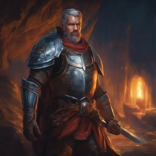 Prompt: (Full body) male handsome large muscular austrian knight with short hair and beard, outside of a cave by a forest at night, pathfinder, d&d setting, in a realistic high quality digital art style