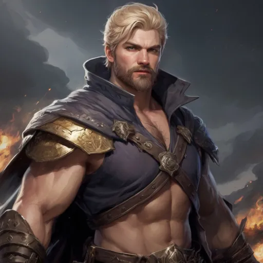 Prompt: (Full body) male stocky large masculine sorcerer with short-cut blonde hair and beard, hairy chest, in a dark battle field, pathfinder, d&d setting, in a realistic high quality digital art style