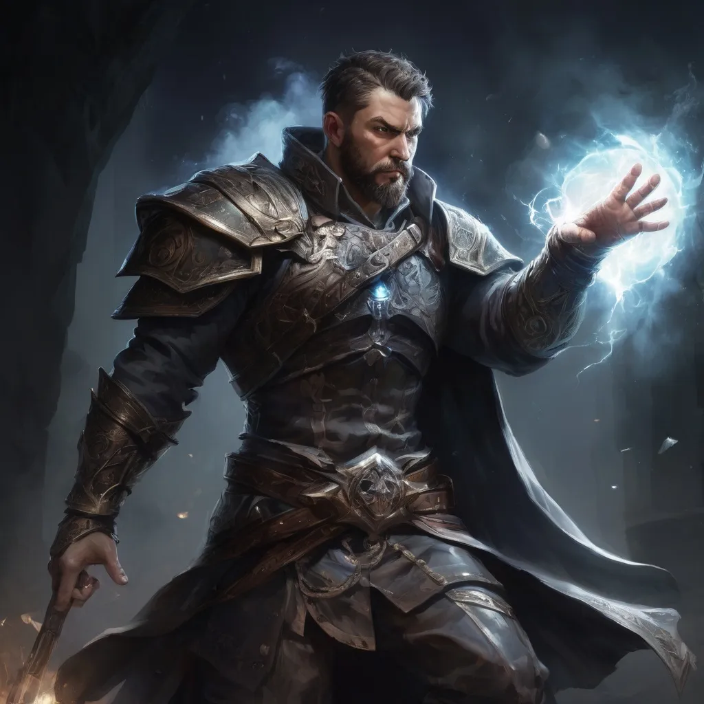 Prompt: Male stocky large muscular battle-mage with short-cut hair and beard, engaged in combat casting a white-light spell inside of a dark dungeon, pathfinder, d&d setting, realistic, enhanced shadow quality, colorful