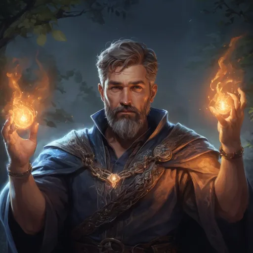 Prompt: male stocky big-chested mature sorcerer with short hair and beard, casting bright spell, in nature at night, pathfinder, d&d setting, in a realistic digital art style, enchanced shadow