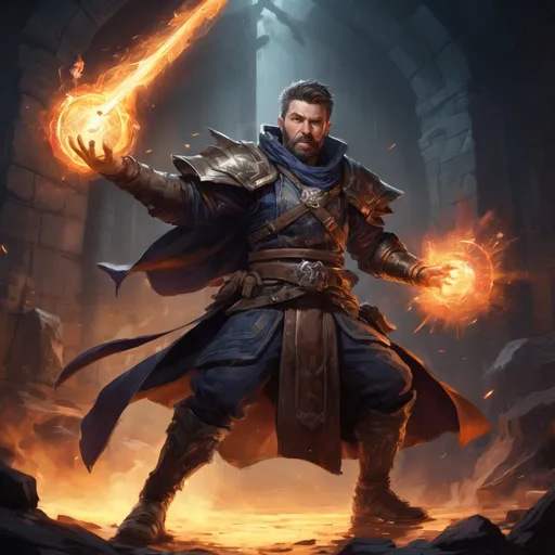 Prompt: Male stocky large battle-mage with short-cut hair and beard, engaged in combat casting a bright spell inside of a dark dungeon, pathfinder, d&d setting, in a realistic high quality digital art style, enhanced shadow quality, colorful
