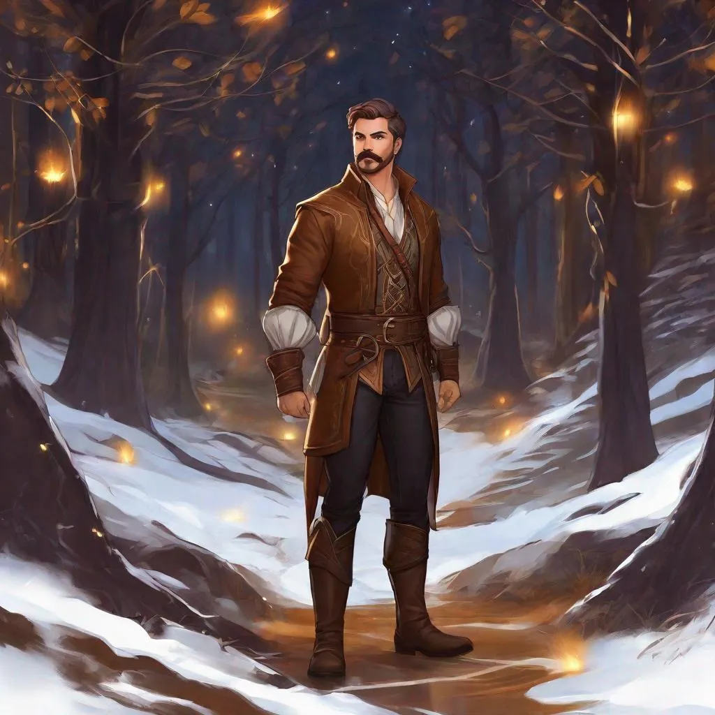 Prompt: (Full body) A male muscular mage with short cut hair with a mustache and stubble manly face, pathfinger, magic swirl, visible chest, leather pants, holding magic, dungeons and dragons, brown boots, fantasy setting, standing in a forest glade at night, in a painted style realistic art