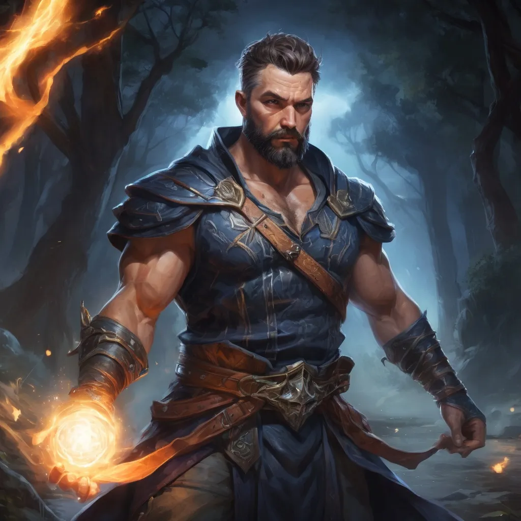 Prompt: Male stocky large mature muscular sorcerer with short-cut hair and beard, in combat casting a magic-ray out of hands in nature at night, pathfinder, d&d setting, in a realistic high quality digital art style, enhanced shadow quality, colorful