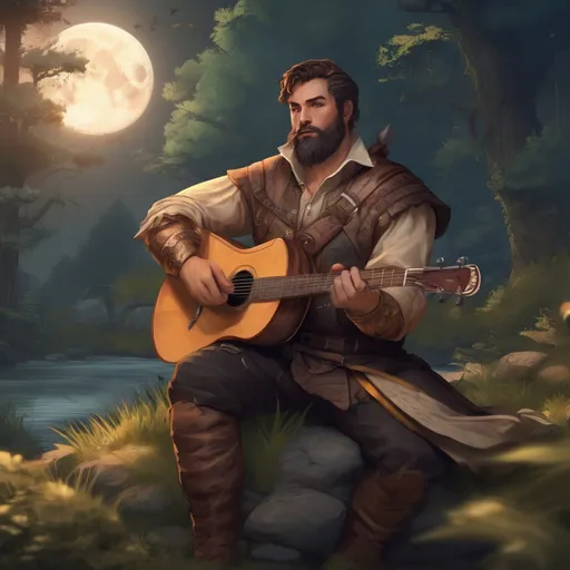 Prompt: (Full body) male stocky magic bard with short hair and beard, big arms, in nature at night, pathfinder, d&d setting, in a realistic digital art style