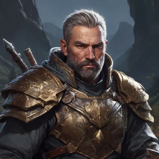 Prompt: (head and torso) Male heavy-set mature holy-paladin with short-cut hair and beard, holding weapon, in a mountain valley at night, in combat, pathfinder, d&d setting, in a realistic high quality digital art style, enhanced shadow quality