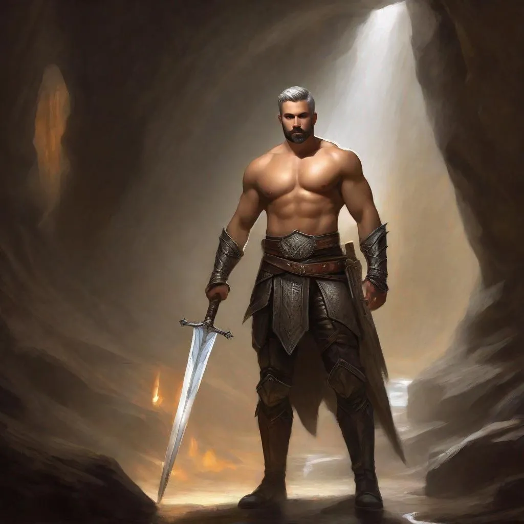 Prompt: (Full body) a paladin with short beard  grey short-cut hair no shirt on, belt, boots, leather pants, holding a sword, standing in a dark cavern, fantasy setting, dungeons & dragons, in a painted style realistic art