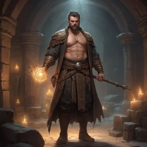 Prompt: (Full body) male stocky arcane-sorcerer with short-cut hair and beard, holding magic staff with swirly lights, no shirt on, very-hairy chest, in a dark underground dungeon temple, pathfinder, d&d setting, in a realistic digital art style