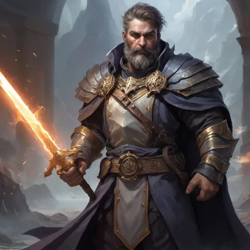 Prompt: Male stocky heavy-set mature magical guardian with short-cut hair and beard, on a battlefield, in combat, holding a magic-sword, pathfinder, d&d setting, in a realistic high quality digital art style, enhanced shadow quality, colorful