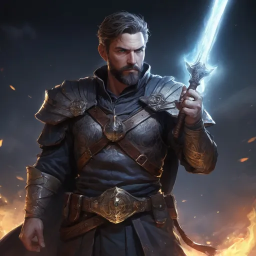 Prompt: (torso) Male stocky mature light-sorcerer with short-cut hair and beard, on a battlefield at night, in combat, holding a magic weapon, bright aura, pathfinder, d&d setting, in a realistic high quality digital art style, enhanced shadow quality