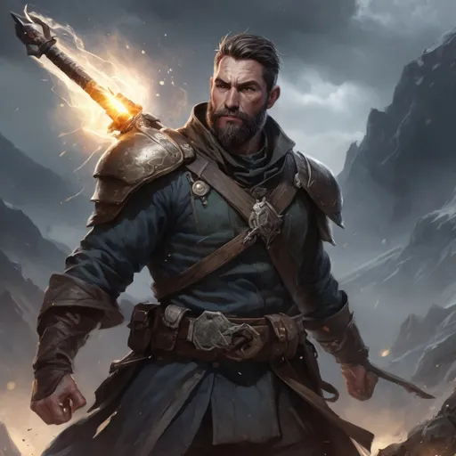 Prompt: Male heavy-set fit fat large 37-year old rogue with short-cut hair and beard, holding magic fantasy-weapon, on a windy mountain field in a storm, pathfinder, d&d setting, enhanced shadow quality