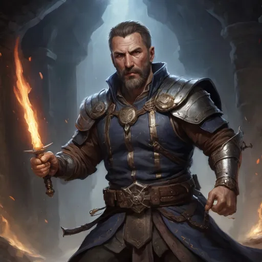 Prompt: (torso) Male stocky large mature Swedish handsome battle-mage with short-cut hair and beard, engaged in combat casting an arcane-spell inside of a dark dungeon, in movement, pathfinder, d&d setting, realistic, enhanced shadow quality, colorful