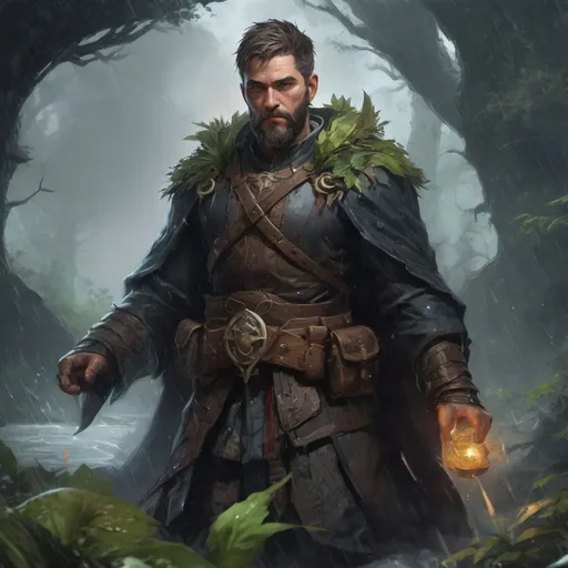 Prompt: Male stocky heavy-set arcane-druid with short-cut hair and beard, in a thicket battlefield in a rainstorm, pathfinder, d&d setting, in a realistic high quality digital art style, enhanced shadow quality, colorful