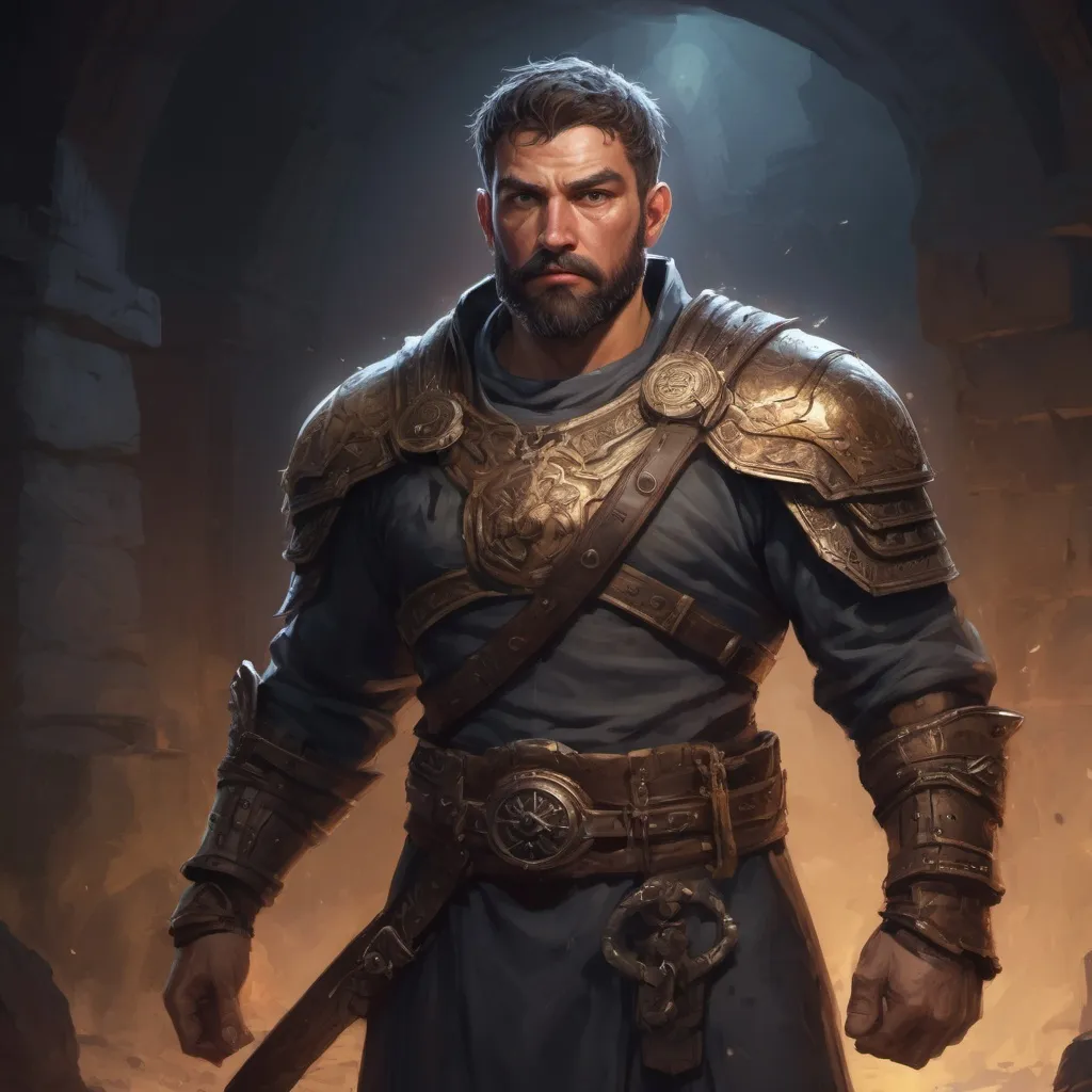Prompt: Male stocky large mature greek fighter with short-cut hair and beard, exploring a dark astral dungeon, pathfinder, d&d setting, in a realistic high quality digital art style, enhanced shadow quality, colorful
