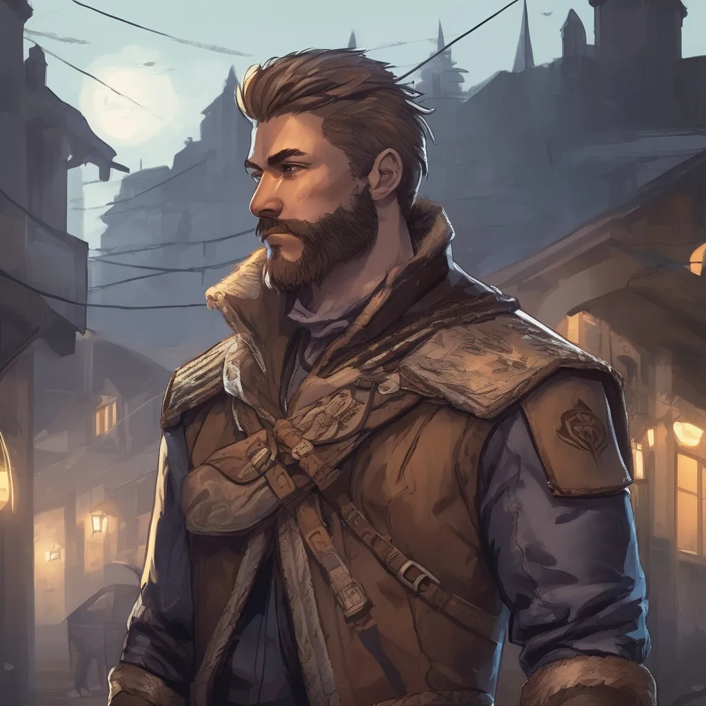 Prompt: (Full body) male handsome muscular Noble rogue with light brown short hair and beard, in a small town at night, pathfinder, d&d setting, in a realistic high quality digital art style