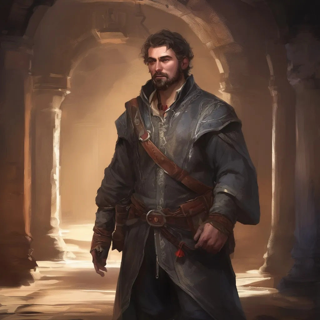 Prompt: (Full body) male stocky young bard with grey short-cut hair and beard, in a dark underground dungeon temple, pathfinder, d&d setting, in a realistic digital art style