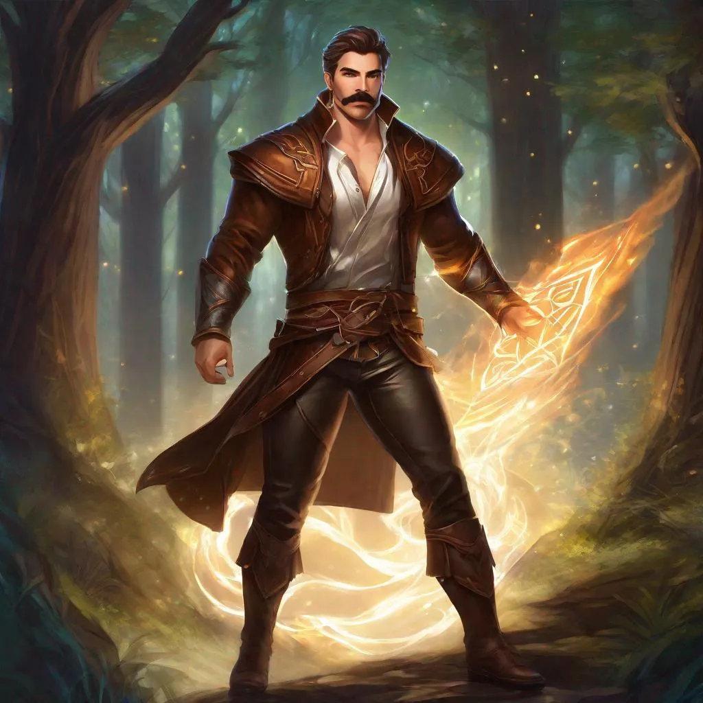 Prompt: (Full body) A male muscular arcanist with short cut hair with a mustache and stubble manly face, pathfinger, magic swirl, visible chest, leather pants, holding magic, dungeons and dragons, brown boots, fantasy setting, standing in a forest glade at night, in a painted style realistic art