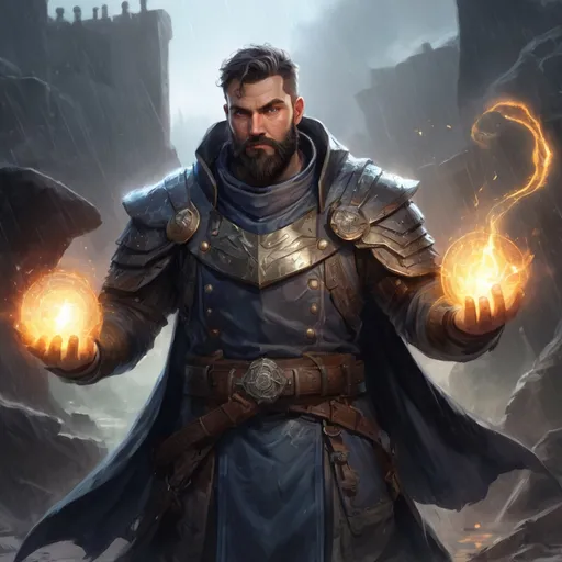 Prompt: Male stocky heavy-set large armoured cleric with short-cut hair and beard, casting a magical spell out of hands, on a battlefield in the rain, pathfinder, d&d setting, in a realistic high quality digital art style, enhanced shadow quality