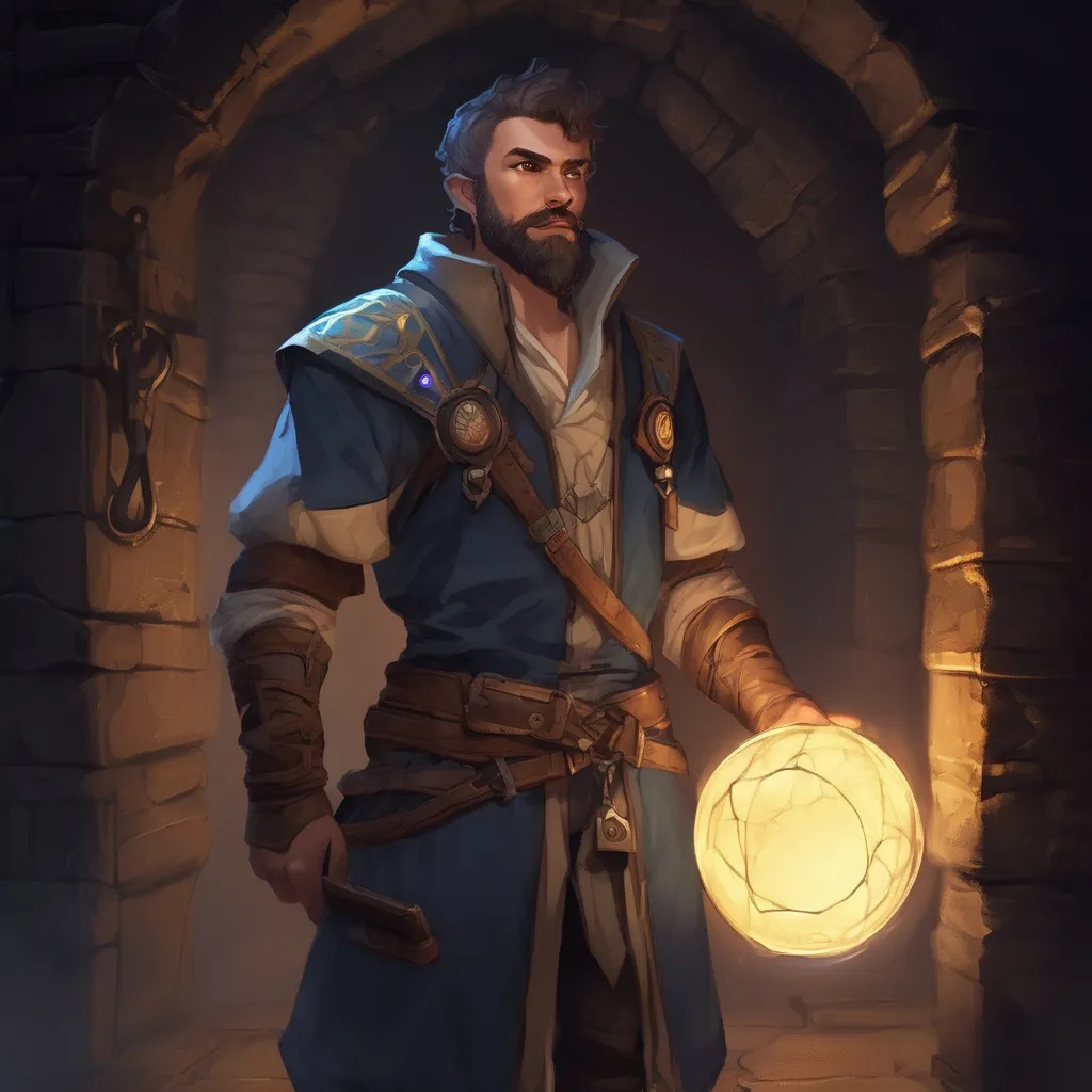 Prompt: (Full body) male big-chested balance-mage with short hair and beard, in a dungeon at night, pathfinder, d&d setting, in a realistic digital art style