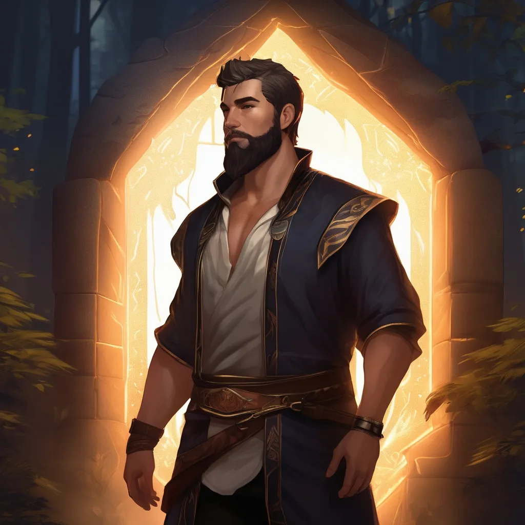 Prompt: (Full body) male stocky eidolon-summoner with short hair and beard, open shirt, in dark lit nature background, pathfinder, d&d setting, in a realistic digital art style