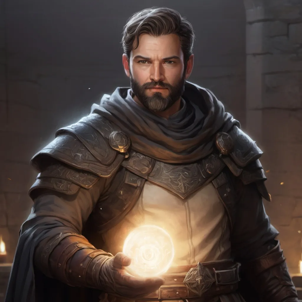 Prompt: (torso) Male stocky large handsome cleric with short-cut hair and beard, in combat casting a light-spell inside a dungeon, pathfinder, d&d setting, in a realistic high quality digital art style, enhanced shadow quality