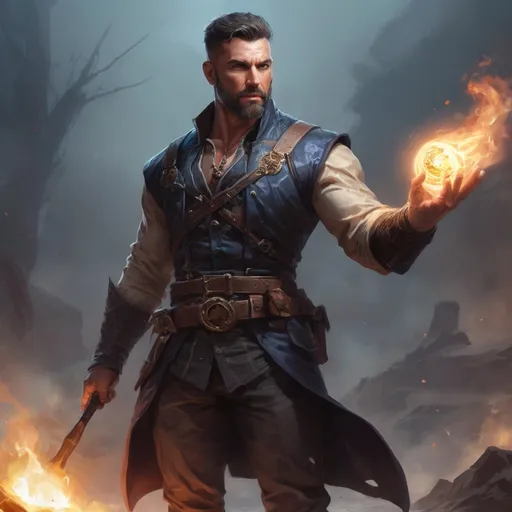 Prompt: Male stocky mature muscular illusionist with short-cut hair and beard, on a battlefield, in combat, Casting a spell, pathfinder, d&d setting, in a realistic high quality digital art style, enhanced shadow quality, colorful