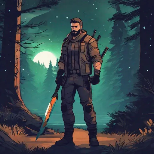 Prompt: (Full body) A handsome gritty male fighter with short hair and beard, holding a weapon, standing outside of a forest at night, digital art style