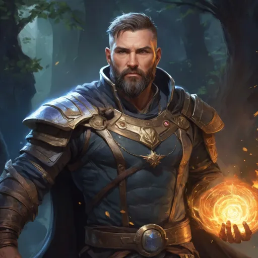 Prompt: (torso) Male stocky large 38-year old fit battle-druid with short-cut hair and beard, engaged in combat casting an astral star-spell in nature, pathfinder, d&d setting, enhanced shadow quality