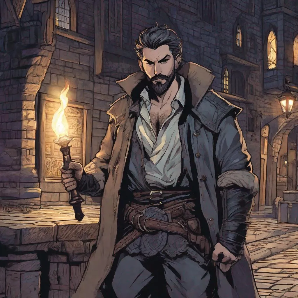 Prompt: (Full body) A male short-haired thief with open shirt hairy chest and short beard holding a dagger, manly, dungeons and dragons fantasy setting, night time in a town street, in a painted style