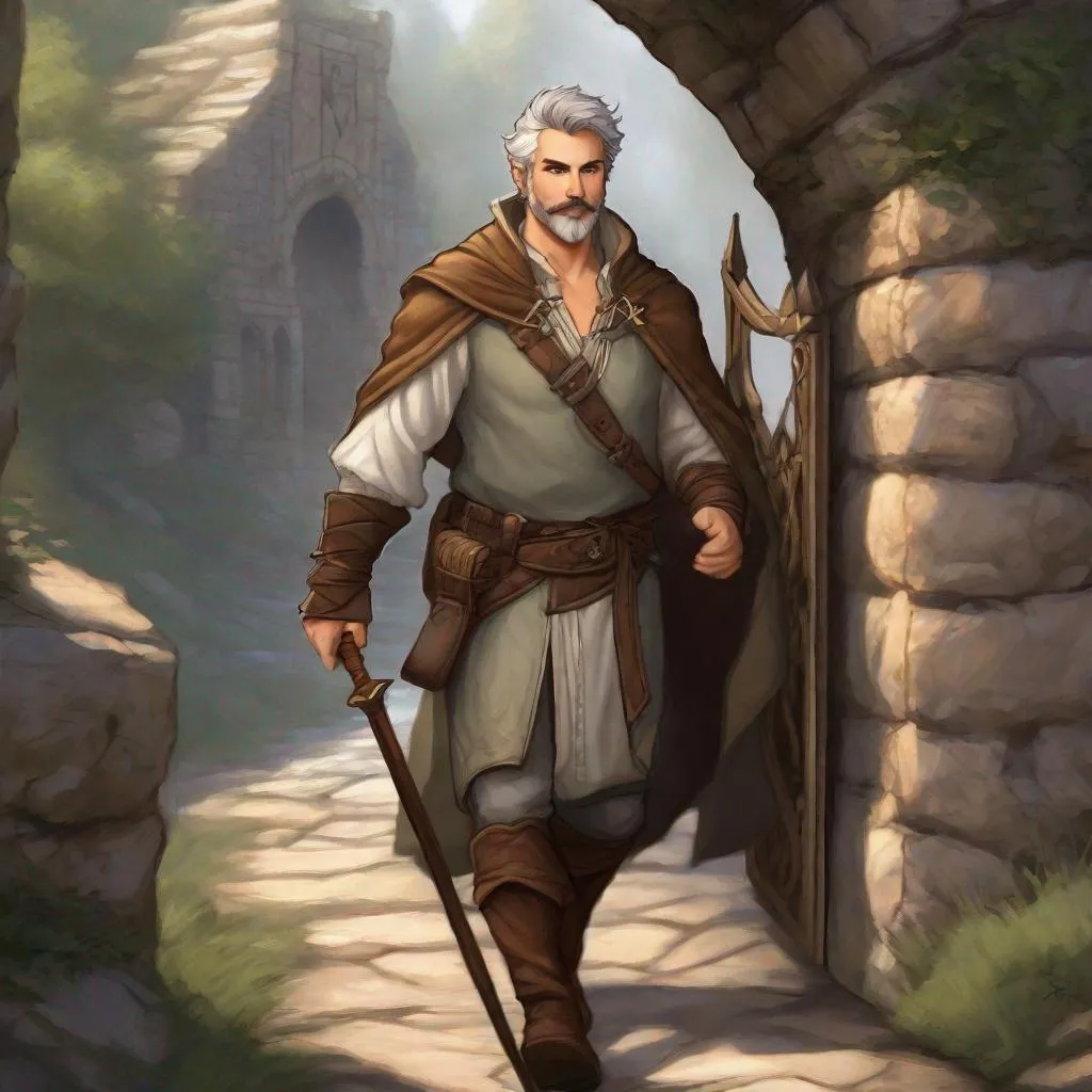 Prompt: (Full body) A hairy broad-chested large handsome male druid with short-cut grey hair a mustache and stubble, pathfinger, dungeons and dragons, hairy chest, brown boots, fantasy setting, coming out a town gate, in a painted style realistic