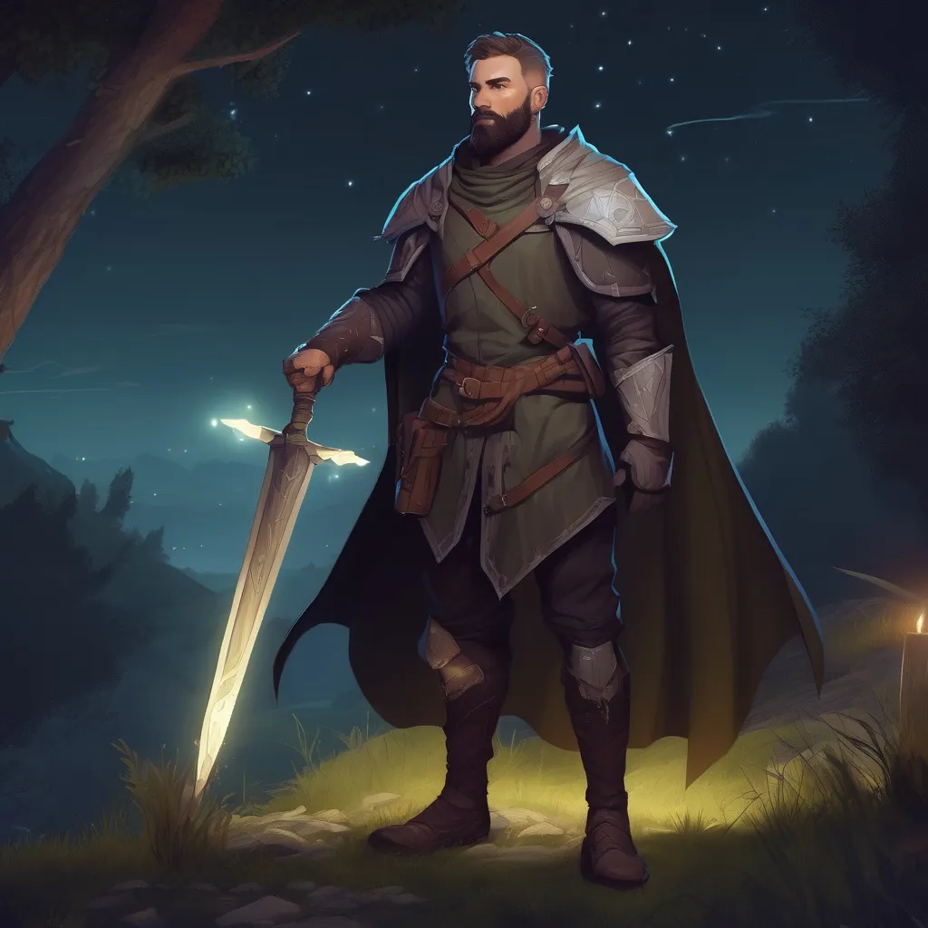 Prompt: (Full body) male magical crusader with short hair and beard, in nature at night, pathfinder, d&d setting, in a realistic digital art style