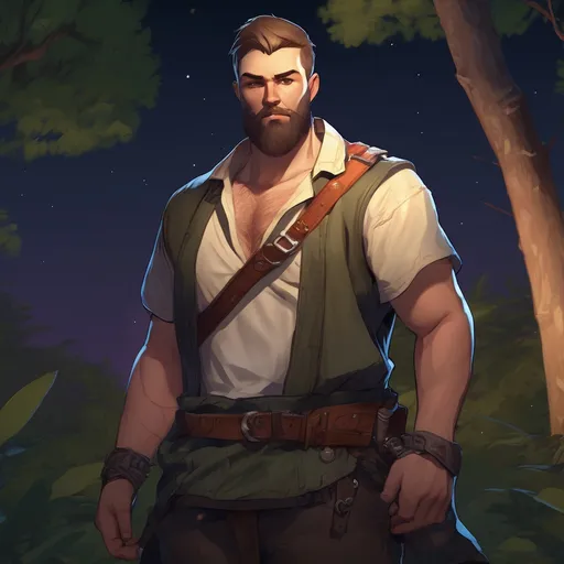 Prompt: (Full body) male stocky big-chested fighter with short hair and beard, thin open shirt on, in nature at night, pathfinder, d&d setting, in a realistic digital art style