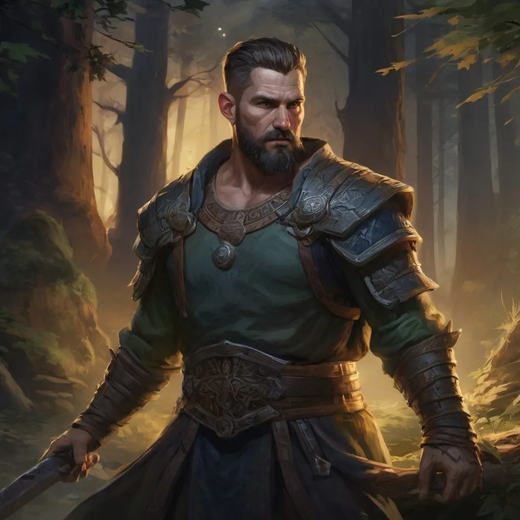Prompt: Male stocky heavy-set mature fantasy-druid with short-cut hair and beard, outside of fantasy forest at night, pathfinder, d&d setting, enhanced shadow quality