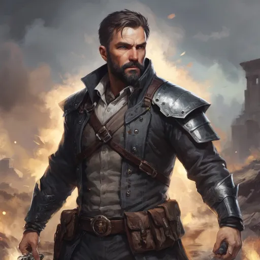 Prompt: (torso) Male heavy-set mature fit magical investigator with short-cut hair and beard, holding fantasy-weapon, in movement, in a windy battlefield, pathfinder, d&d setting, enhanced shadow quality