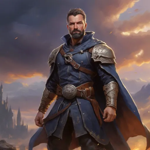Prompt: Male heavy-set 42-year old muscular noble large spellcaster with short-cut hair and beard, in a windy castleground at dusk, pathfinder, d&d setting, enhanced shadow quality