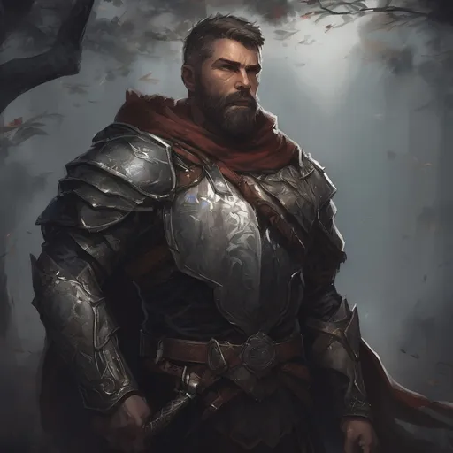 Prompt: (Full body) male large muscular knight with short-cut hair and beard, in nature in the dark, cloak, pathfinder, d&d setting, in a realistic digital art style