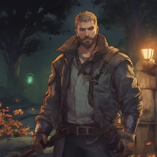 Prompt: (Full body) male stocky big-chested Noble thief with blonde short hair and beard, in nature at night, pathfinder, d&d setting, in a realistic digital art style