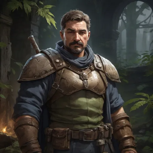 Prompt: (torso) Male stocky large mature bounty-hunter, with short hair and mustache, in a ruin in a forest at night  pathfinder, d&d setting, in a realistic high quality digital art style, enhanced shadow quality