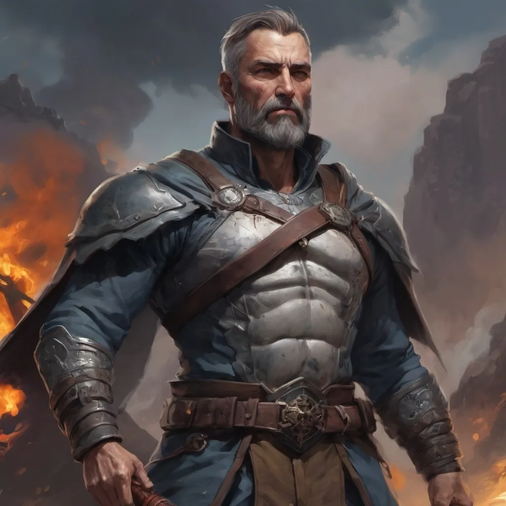 Prompt: (torso) Male heavy-set mature fit magical transmuter with short-cut hair and beard, holding fantasy-weapon, in movement, in a windy battlefield, pathfinder, d&d setting, enhanced shadow quality