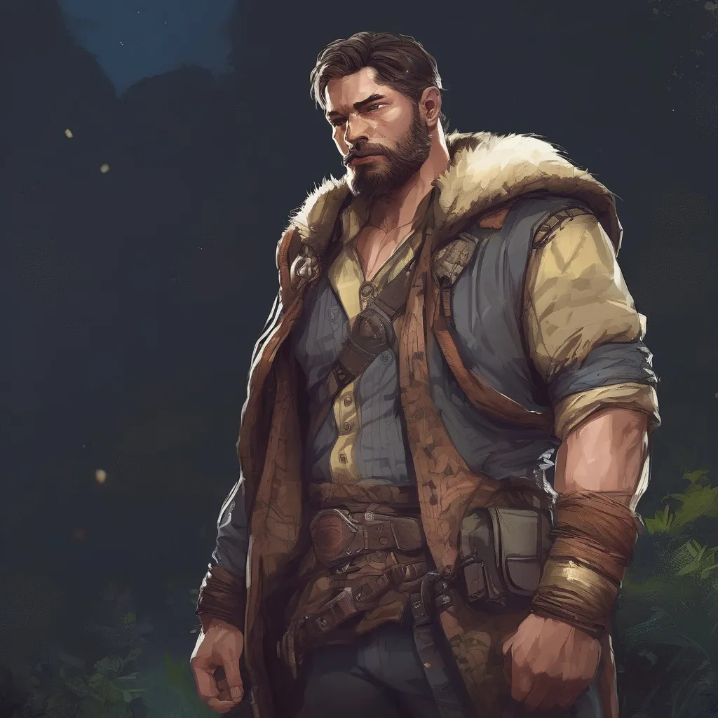 Prompt: (Full body) male stocky big-chested hairy-chested bandit with short hair and beard, in nature at night, pathfinder, d&d setting, in a realistic digital art style