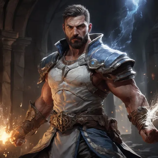 Prompt: Male stocky large muscular battle-mage with short-cut hair and beard, engaged in combat casting a white-light spell inside of a dark dungeon, pathfinder, d&d setting, realistic, enhanced shadow quality, colorful