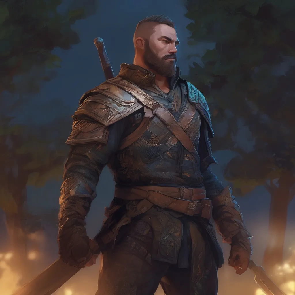 Prompt: (Full body) male stocky martial fighter with hairy chest and short hair and beard, in nature at night, pathfinder, d&d setting, in a realistic digital art style