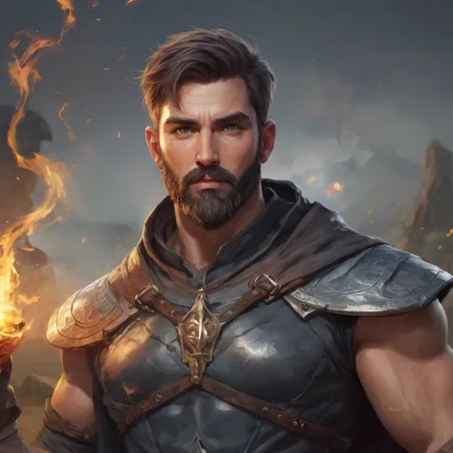 Prompt: (head and torso) Male heavy-set fit 30-year old hunky druid with short-cut hair and beard, holding magic-spell, in a windy battlefield, pathfinder, d&d setting, enhanced shadow quality