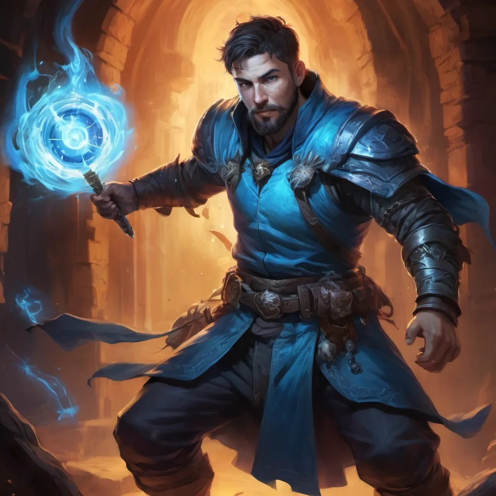 Prompt: Male stocky large battle-mage with short-cut hair and beard, engaged in combat casting a bright-azure spell, inside of a dark cavernous dungeon, pathfinder, d&d setting, in a realistic high quality digital art style, enhanced shadow quality, colorful