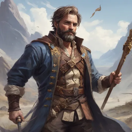 Prompt: Male heavy-set mature fit bard with short-cut hair and beard, holding an magical instrument, in a windy battlefield, pathfinder, d&d setting, enhanced shadow quality