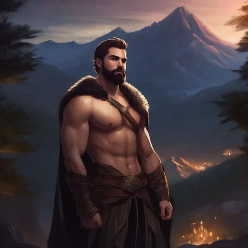 Prompt: (Full body picture) A fighter with short-cut hair with bare hairy chest and short beard, no shirt, cloak, manly, fantasy setting, dungeons and dragons, outside of forest next to a mountain at night, in realistic digital art style